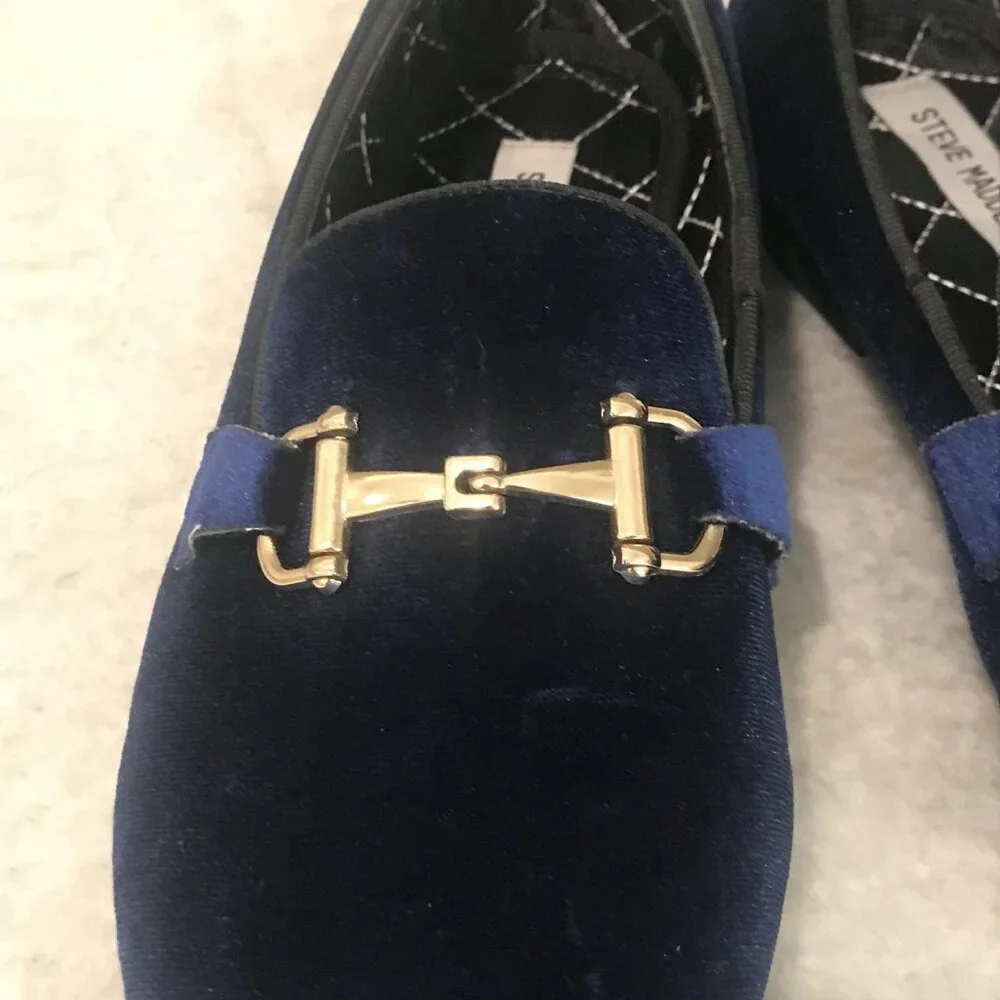Steve Madden Loafers Shoes Mens Size 7.5 Navy Velvet Horsebit Slip On Coime Gold